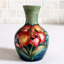 Load image into Gallery viewer, Vintage Moorcroft African Lily Miniature Art Pottery Bud Vase Green Ground Yellow Pink Red Ceramic Slip Technique Hand Painted Shabby Chic Cottage Mid Century Flea Market Style Home Decor Unique Hostess Housewarming Gift Toronto Canada antique shop store community seller reseller vendor