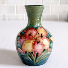 Load image into Gallery viewer, Vintage Moorcroft African Lily Miniature Art Pottery Bud Vase Green Ground Yellow Pink Red Ceramic Slip Technique Hand Painted Shabby Chic Cottage Mid Century Flea Market Style Home Decor Unique Hostess Housewarming Gift Toronto Canada antique shop store community seller reseller vendor