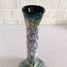 Load image into Gallery viewer, Vintage Sea Drift vase in shape 99/8. Designed by Rachel Bishop in 2002. Numbered edition, 202. This is an absolutely stunning piece, hand painted over slip glaze on a dark blue ground with shades of blue, green purple and creamy white. Produced by Moorcroft Pottery, England. In excellent condition, no chips, cracks or repairs. Production marks on the bottom. In original box. Offered from our personal collection. Measures 3-1/2" x 8"