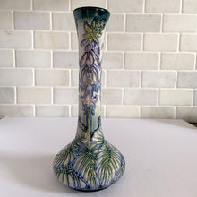 Load image into Gallery viewer, Vintage Sea Drift vase in shape 99/8. Designed by Rachel Bishop in 2002. Numbered edition, 202. This is an absolutely stunning piece, hand painted over slip glaze on a dark blue ground with shades of blue, green purple and creamy white. Produced by Moorcroft Pottery, England. In excellent condition, no chips, cracks or repairs. Production marks on the bottom. In original box. Offered from our personal collection. Measures 3-1/2" x 8"