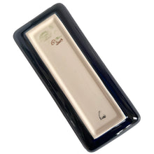 Load image into Gallery viewer, A beautiful hand painted art pottery tray in the "Sonoma" pattern designed by Rachel Bishop in 2003, on shape 965. Hand painted over slip glaze on a dark blue ground in shades of blue, purple, green and brown. Produced by Moorcroft Pottery, England. In excellent condition, no chips, cracks or repairs. First quality. Purchased in person at the Moorcroft Pottery shop in Stoke-on-Trent, England. Maker's marks on the bottom. In original box. Offered from our personal collection. Measures 3-1/2" x 8" x 1/2"