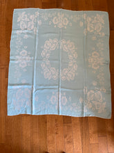 Load image into Gallery viewer, Full view of vintage Irish damask bridge tablecloth laid flat, aqua two-toned poppy pattern, Gold Medal Brand Ireland, 46x46 inches