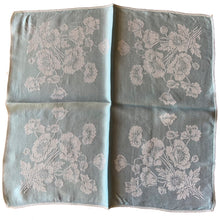 Load image into Gallery viewer, Close-up of two-toned aqua poppy damask weave on vintage Irish napkin, Gold Medal Brand Ireland
