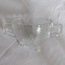 Load image into Gallery viewer, Bubbles and darts adorn this adorable "Burple-Inspiration-Clear" pressed glass art deco style creamer and sugar set. Crafted by Anchor Hocking, USA, circa 1930s. A Great addition to your tableware. Love the tiny feet too! In excellent condition, no chips or cracks.