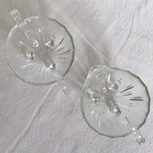 Load image into Gallery viewer, Bubbles and darts adorn this adorable "Burple-Inspiration-Clear" pressed glass art deco style creamer and sugar set. Crafted by Anchor Hocking, USA, circa 1930s. A Great addition to your tableware. Love the tiny feet too! In excellent condition, no chips or cracks.