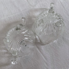 Load image into Gallery viewer, Bubbles and darts adorn this adorable "Burple-Inspiration-Clear" pressed glass art deco style creamer and sugar set. Crafted by Anchor Hocking, USA, circa 1930s. A Great addition to your tableware. Love the tiny feet too! In excellent condition, no chips or cracks.
