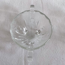 Load image into Gallery viewer, Bubbles and darts adorn this adorable "Burple-Inspiration-Clear" pressed glass art deco style creamer and sugar set. Crafted by Anchor Hocking, USA, circa 1930s. A Great addition to your tableware. Love the tiny feet too! In excellent condition, no chips or cracks.