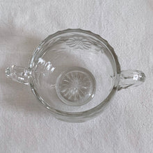Load image into Gallery viewer, Vintage WJ Hughes cut Corn Flower glass creamer and sugar bowl. Crafted by Tiffin Glass blanks (Tiffin #036), USA, 1930s. The perfect addition to any elegant glassware collection and tea/coffee service at your next dining event. Makes a lovely hostess or housewarming gift.
In excellent condition, no chips.