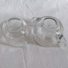 Load image into Gallery viewer, Jacks Daughter of All Trades Vintage Antique Mid-Century Kitsch Store Shop Reseller Etsy Shopify Toronto Canada Free Porch Pick Up Local Delivery Worldwide Shipping Judy Weinberg Unique Housewarming Gift Sustainable Gift Wedding Gift Home Decor Collectible Collector Gift Farmhouse Cottagecore Cottage Lodge Shabby Chic WJ Hughes cut Corn Flower glass creamer and sugar bowl Tiffin Glass blanks 1930s elegant tableware