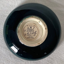 Load image into Gallery viewer, Vintage hand painted "Anemone" footed bowl on a deep green ground with shades of blue and red. In excellent condition, free from chips, cracks, repairs, crazing present. Paper label with Royal Warrant and "Potters to the late Queen Mary". Size: 4-1/2" x 1-1/2"