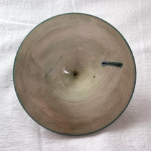 Load image into Gallery viewer, Vintage mid-century "Clematis" lidded dish with green ground lid and teal/blue ground on bowl's interior and deep blue on the exterior of the bowl. The colours are vibrant and the tube lining and hand painting are spectacular. Produced by Moorcroft Pottery, England, circa 1950s.  Measures 6-1/4" x 3-1/2"  Excellent condition. No cracks or chips. Normal crazing for a piece of this age. Impressed marks include Walter Moorcroft's signature, Potter to H.M. The Queen and Made in England.