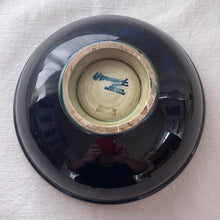 Load image into Gallery viewer, Vintage mid-century "Clematis" lidded dish with green ground lid and teal/blue ground on bowl's interior and deep blue on the exterior of the bowl. The colours are vibrant and the tube lining and hand painting are spectacular. Produced by Moorcroft Pottery, England, circa 1950s.  Measures 6-1/4" x 3-1/2"  Excellent condition. No cracks or chips. Normal crazing for a piece of this age. Impressed marks include Walter Moorcroft's signature, Potter to H.M. The Queen and Made in England.
