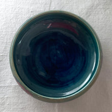 Load image into Gallery viewer, Stunning vintage mid-century tube lined and hand painted "Anemone" lidded dish. Produced by Moorcroft Pottery, England, circa 1950s. A vibrant and gorgeous piece to depth to your decor. Measures 5-3/4" x 3-1/2" In excellent condition, free from chips/cracks/repairs. Normal crazing for a piece of this age.