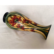 Load image into Gallery viewer, Vintage hand painted Ragged Poppy limited edition art pottery vase, number 113/350. Designed by Nicole Slaney in 2003. This piece is hand painted over slip glaze with a deep blue ground in shades of yellow, green and red on shape 75/10. Produced by Moorcroft Pottery, Stoke-on-Trent England. Excellent condition, no chips, cracks or repairs. First quality. Maker's marks, edition and signed by the artist on the bottom, see photos. Measures 4-1/2" x 11"