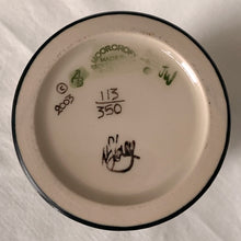 Load image into Gallery viewer, Vintage hand painted Ragged Poppy limited edition art pottery vase, number 113/350. Designed by Nicole Slaney in 2003. This piece is hand painted over slip glaze with a deep blue ground in shades of yellow, green and red on shape 75/10. Produced by Moorcroft Pottery, Stoke-on-Trent England. Excellent condition, no chips, cracks or repairs. First quality. Maker's marks, edition and signed by the artist on the bottom, see photos. Measures 4-1/2" x 11"