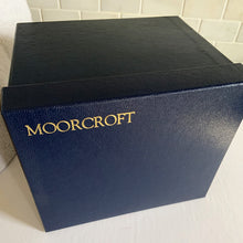 Load image into Gallery viewer, Vintage hand painted "Oberon" vase. Designed by Rachel Bishop in 1993. Hand painted on raised slip technique on ceramic mold, shape 4/10. Produced by Moorcroft Pottery, 1993.  In excellent condition free from chips, cracks, repairs. A first quality piece, purchased at Moorcroft Pottery shop in Stoke-on-Trent, England, offered from our personal collection. See photo for maker's marks on bottom of vase. Original box.  Measures 7-1/2" x 8-1/4"