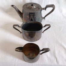 Load image into Gallery viewer, Jacks Daughter of All Trades Vintage Antique Mid-Century Kitsch Store Shop Reseller Etsy Shopify Toronto Canada Free Porch Pick Up Local Delivery Worldwide Shipping Judy Weinberg Unique Sustainable Gift Home Decor Collectible Collector Gift Farmhouse Cottagecore Cottage Lodge Shabby Chic Victorian style silver plated teapot creamer sugar etched bow ribbons mad hatters tea party props