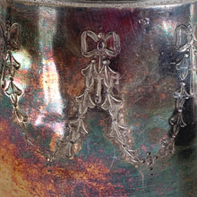 Load image into Gallery viewer, Vintage Victorian style silver plated teapot, creamer and sugar etched with bow and ribbon details and great patina. Ideal for mad hatters tea party, vintage decor or props. Would be perfect for a 'shabby chic' decor scheme or repurposed for a floral arrangement, or redesign as your imagination allows.
Teapot is missing lid finial.
In as found condition.