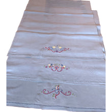 Load image into Gallery viewer, Beautifully stitched vintage embroidered panels on light blue cotton fabric stitched with 3 different designs. Excellent condition. Laundered and steamed. Would make lovely cafe curtains or could be repurposed into pillows, pillowcases or laundry bags.