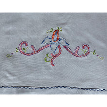 Load image into Gallery viewer, Beautifully stitched vintage embroidered panels on light blue cotton fabric stitched with 3 different designs. Excellent condition. Laundered and steamed. Would make lovely cafe curtains or could be repurposed into pillows, pillowcases or laundry bags.