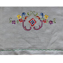 Load image into Gallery viewer, Beautifully stitched vintage embroidered panels on light blue cotton fabric stitched with 3 different designs. Excellent condition. Laundered and steamed. Would make lovely cafe curtains or could be repurposed into pillows, pillowcases or laundry bags.