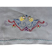 Load image into Gallery viewer, Beautifully stitched vintage embroidered panels on light blue cotton fabric stitched with 3 different designs. Excellent condition. Laundered and steamed. Would make lovely cafe curtains or could be repurposed into pillows, pillowcases or laundry bags.