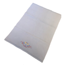Load image into Gallery viewer, Beautifully stitched vintage embroidered panels on light blue cotton fabric stitched with 3 different designs. Excellent condition. Laundered and steamed. Would make lovely cafe curtains or could be repurposed into pillows, pillowcases or laundry bags.