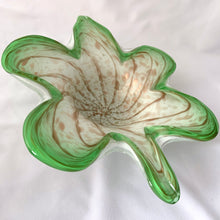 Load image into Gallery viewer, Vintage mid-century hand blown leaf-shaped decorative art glass bowl in white and green, accented with copper aventurine. Crafted by Fratelli Toso, Murano, Italy, 1970s. A lovely piece of art glass!
In excellent condition, no chips or cracks.
Measures 12 1/4 x 9 1/2 x 2 1/2 inches