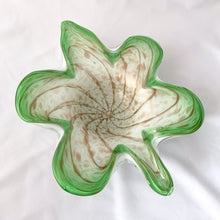 Load image into Gallery viewer, Vintage mid-century hand blown leaf-shaped decorative art glass bowl in white and green, accented with copper aventurine. Crafted by Fratelli Toso, Murano, Italy, 1970s. A lovely piece of art glass!
In excellent condition, no chips or cracks.
Measures 12 1/4 x 9 1/2 x 2 1/2 inches