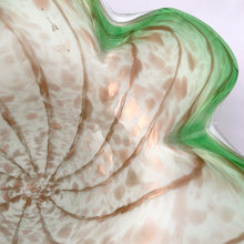Load image into Gallery viewer, Vintage mid-century hand blown leaf-shaped decorative art glass bowl in white and green, accented with copper aventurine. Crafted by Fratelli Toso, Murano, Italy, 1970s. A lovely piece of art glass!
In excellent condition, no chips or cracks.
Measures 12 1/4 x 9 1/2 x 2 1/2 inches