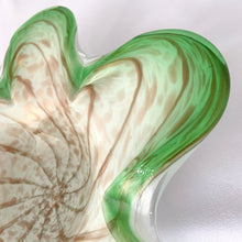 Load image into Gallery viewer, Vintage mid-century hand blown leaf-shaped decorative art glass bowl in white and green, accented with copper aventurine. Crafted by Fratelli Toso, Murano, Italy, 1970s. A lovely piece of art glass!
In excellent condition, no chips or cracks.
Measures 12 1/4 x 9 1/2 x 2 1/2 inches