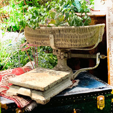 Load image into Gallery viewer, Vintage cast iron platform scale with wicker basket. Crafted by W.T. Avery Ltd., Birmingham, England, 1930s. The paint is chippy perfection and the basket is in great condition considering its age. This would have been used in a grocers, or as a baby scale. Would look amazing in any shabby chic or farmhouse decor filled with fruits, breads or a lovely dried floral arrangement. A one-of-a-kind display piece!
In as found vintage condition.
Measures 25 x 47 inches