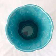 Load image into Gallery viewer, A lovely vintage art deco sky blue and white speckled feminine fluted vase with leaf handles. Crafted by Shorter & Son, England, 1940s. A beautiful vase to use as a decor piece or fill it with a beautiful bouquet of flowers!
In good vintage condition, two flea bites on the rim which aren't too noticeable thanks to the white speckled glaze. No cracks or repairs. Maker's marks.
Measures 5 x 8 3/4 inches