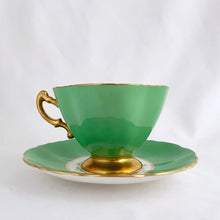 Load image into Gallery viewer, Vintage &quot;3302-25&quot; rose and floral bouquet, green w/ gold trim bone china teacup and saucer, Hammersley &amp; Co., England, between 1932 to 1970.  In excellent condition, free from chips, cracks and repairs.  Measures 3-3/4&quot; x 2-3/4&quot;
