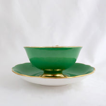 Load image into Gallery viewer, Vintage &quot;4933&quot; colourful floral bouquet, green w/ gold trim bone china teacup and saucer, Hammersley &amp; Co., England, between 1932 to 1970. A beautiful addition to your teacup collection!  In good condition, free from chips, cracks and repairs, minor wear.  Teacup measures 4 x 2 1/8 inches  | Saucer measures 5 7/8 inches
