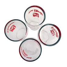 Load image into Gallery viewer, Vintage set of four, 7Up bilingual upside down drinking glasses with the 7Up logo in red along with their classic tagline, &quot;The Uncola&quot; in English and &quot;L&#39;encola&quot; in French. The glass come in the original cardboard tube with 7Up logo and red plastic end caps. Crafted by Libbey Glass, Canada, circa 1970s. A great addition to promotional advertising and glassware collections!  Glasses are in excellent condition, never used, no chips/wear. The tube has water damage, but still sturdy. Each glass is marked with t
