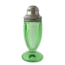 Load image into Gallery viewer, Antique vintage depression era art deco&nbsp; Arches or 50R3506 footed salt or pepper uranium glass shaker with metal lid. Crafted by Hazel-Atlas Glass, USA, 1920s. This timeless kitchen accessory and its novel green uranium glass glows brilliantly under black light, adding a unique accent to your kitchen and table decor!  In excellent condition, no chips. Minor wear to the lid.  Measures 1 1/2 x 3 5/8 inches
