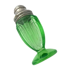 Load image into Gallery viewer, Antique vintage depression era art deco&nbsp; Arches or 50R3506 footed salt or pepper uranium glass shaker with metal lid. Crafted by Hazel-Atlas Glass, USA, 1920s. This timeless kitchen accessory and its novel green uranium glass glows brilliantly under black light, adding a unique accent to your kitchen and table decor!  In excellent condition, no chips. Minor wear to the lid.  Measures 1 1/2 x 3 5/8 inches
