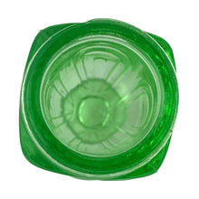 Load image into Gallery viewer, Antique vintage depression era art deco&nbsp; Arches or 50R3506 footed salt or pepper uranium glass shaker with metal lid. Crafted by Hazel-Atlas Glass, USA, 1920s. This timeless kitchen accessory and its novel green uranium glass glows brilliantly under black light, adding a unique accent to your kitchen and table decor!  In excellent condition, no chips. Minor wear to the lid.  Measures 1 1/2 x 3 5/8 inches
