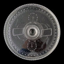 Load image into Gallery viewer, Top view of antique Good Luck pattern EAPG cake plate showing cross and anchor symbols in pressed glass

