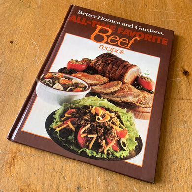 Better Homes and Gardens is known for its fabulous cookbooks. This hardcover cookbook focuses on All-Time Favourite Beef recipes. Its 96 pages are filled with amazing recipes along with many colour photographs. Originally published by Meredith Corporation, USA, 1977, large format edition, seventh printing 1985.

In great vintage condition with normal age-related yellowing.