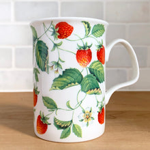 Load image into Gallery viewer, Close-up detail of Alpine Strawberry pattern on Roy Kirkham bone china mug showing bumble bee, ripe red strawberries, and delicate vine illustration\
