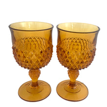 Load image into Gallery viewer, Pair of vintage Indiana Glass Diamond Point amber water goblets, 14 oz, USA 1965–80s
