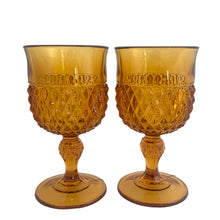Load image into Gallery viewer, Side profile of vintage Indiana Glass Diamond Point amber goblets showing full height and stem, set of 2
