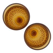 Load image into Gallery viewer, Overhead detail of vintage Indiana Glass Diamond Point amber water goblet rim, USA 1965–80s


