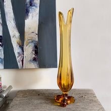 Load image into Gallery viewer, Vintage mid-century modern amber four square swung glass vase. Crafted by Viking Art Glass, USA, circa 1960s. A great piece to add to your art glass collection! In used vintage condition, free from chips. 4 x 18 3/4 inches
