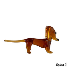 Load image into Gallery viewer, Sweet vintage hand blown amber glass Daschund puppy dog lamp flame work figurine. Crafted in Murano, Italy. A great piece to begin or add to your Murano Glass collection!  In excellent condition, free from chips. Original sticker.  Measures 4 x 1 1/8 x 2 inches
