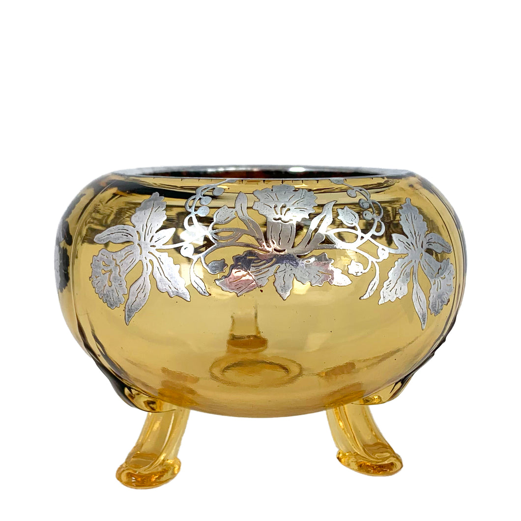 Vintage Amber Glass Flowerlite Bowl w/ Orchid Silver Overlay, Viking Glass, USA