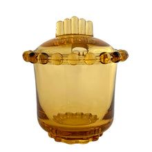 Load image into Gallery viewer, Vintage amber Party Line lidded glass marmalade jar or sugar bowl with a distinctive beaded edge. Crafted by Paden City Glass, USA, 1950s. A lovely addition to your tableware collection, or to give as a gift with a jar of your favourite condiment.

In very good condition, no chips, minor flea bites at the spoon hole.

Jar measures 3 1/2 x 3 3/4 inches
