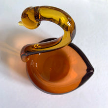 Load image into Gallery viewer, Vintage mid-century hand blown two-tone figural swan art glass candy dish with a rusty orange dish, graceful amber neck and beautifully polished bottom. This piece would have been crafted in either Murano Italy, or Czechoslovakia (possibly David Jones). A beautiful addition to any glass collection! In excellent condition, free from chips. Measures 7 3/4 x 6 1/4 x 9 3/4 inches
